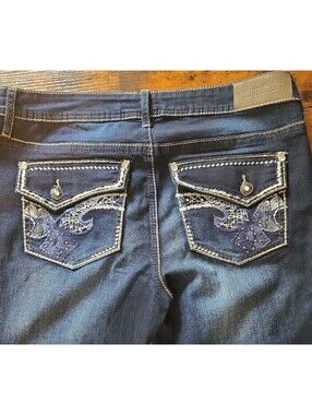Y2k Hydraulic Distressed Dark Wash Jeans Lola Micro Boot 15/16 Embroidered
